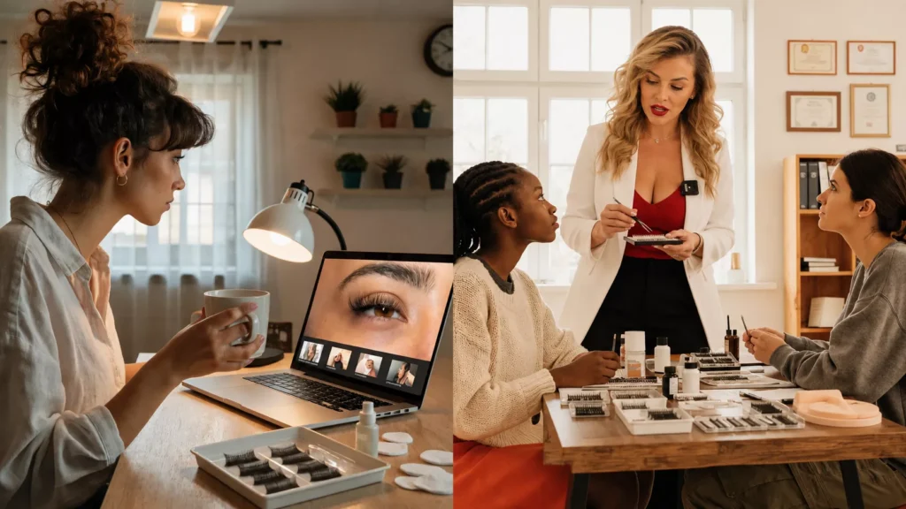 Comparison of DIY lash application and professional training options for lash artists